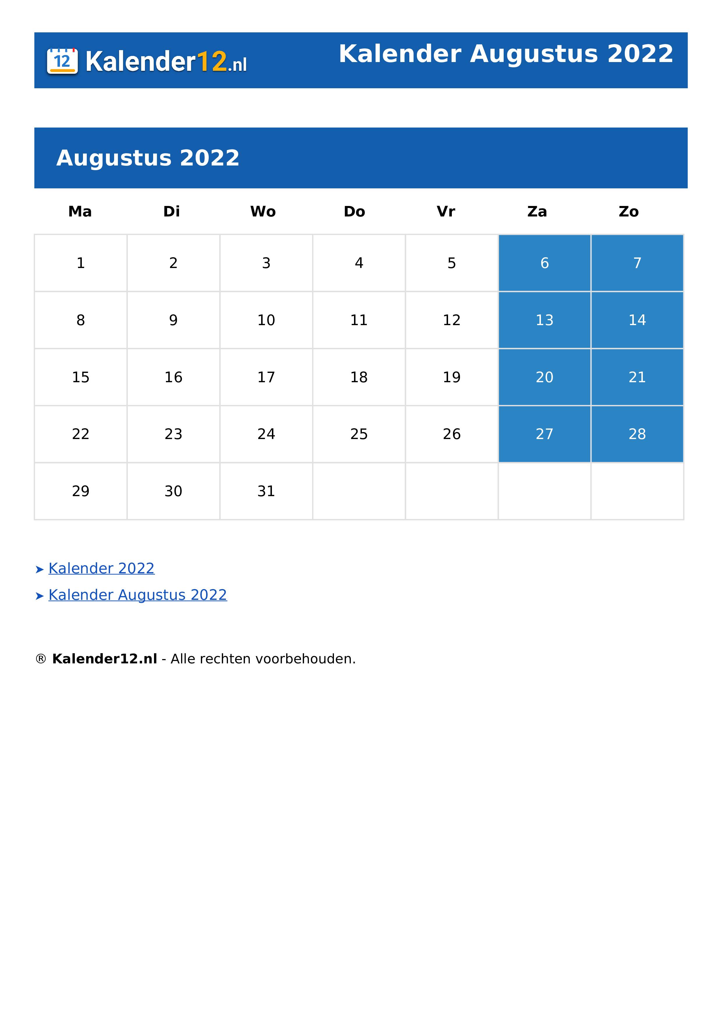 Kalender Augustus 2022