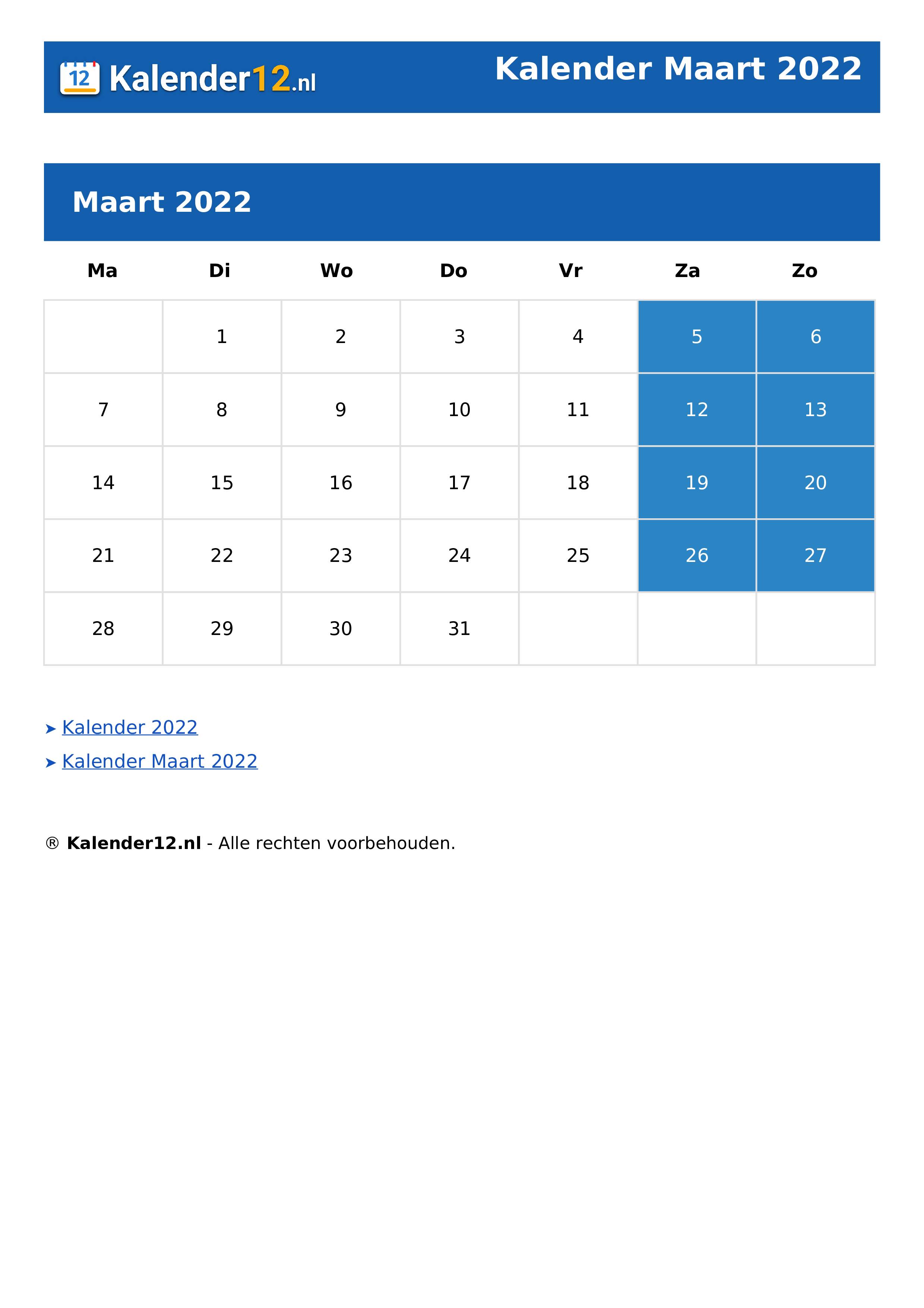 Kalender Maart 2022