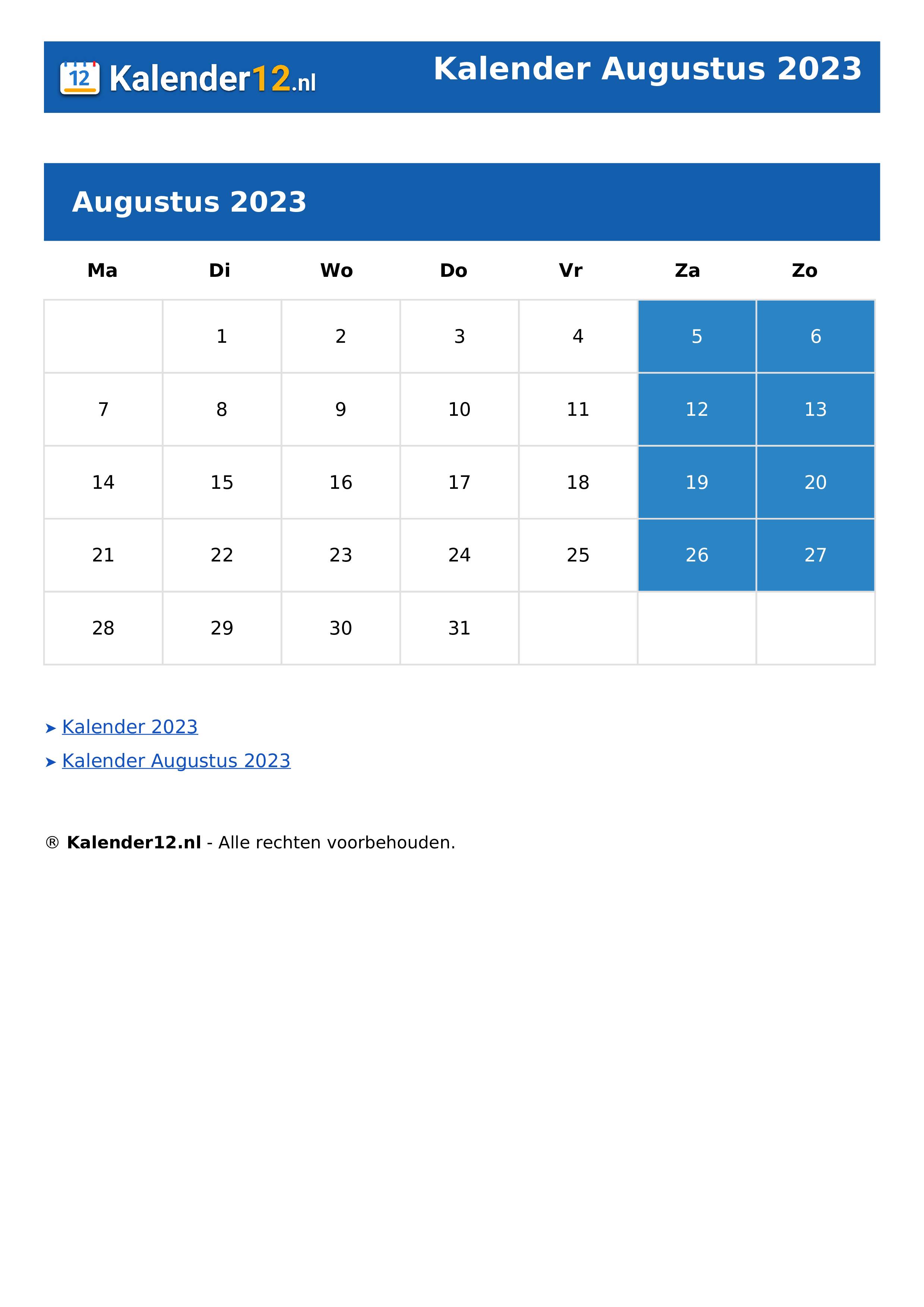 Kalender Augustus 2023